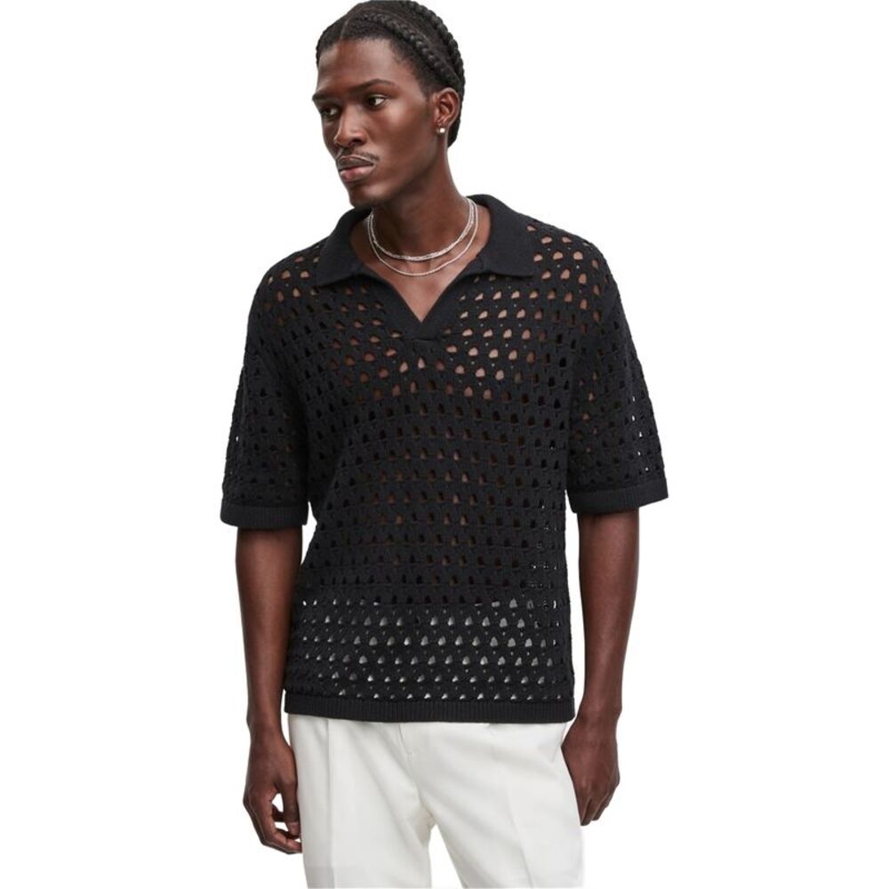 Mode Of One Mens Johnny-Collar Open-Stitch Short-Sleeve Polo Sweater, NWT